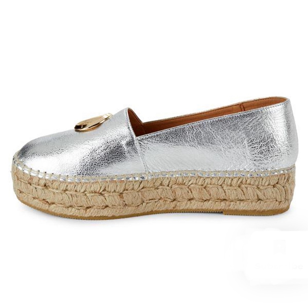 Valentino Silver Espadrille Shoe Size 9 Gold Logo Platform Jessica Closed Toe - Picture 15 of 17